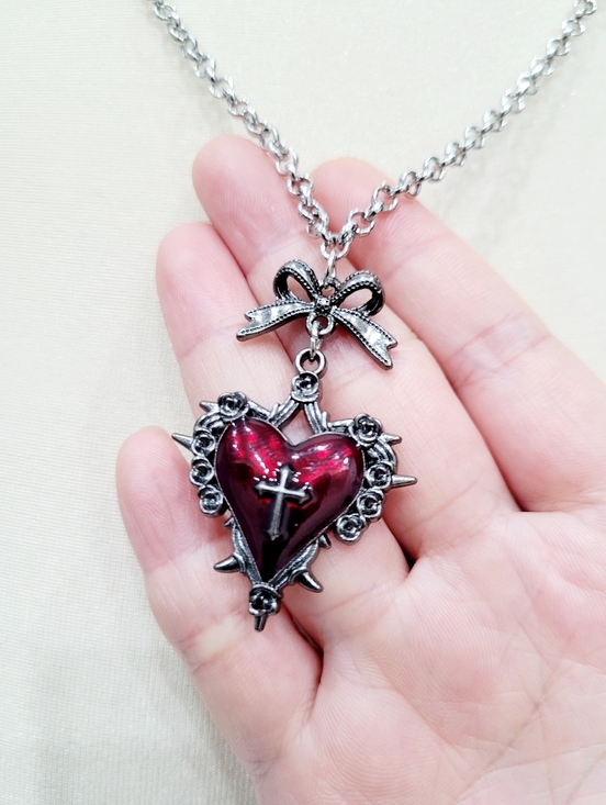 Vintage Jewelry - Brand New Silver Tone Gothic Red Heart Cross Necklace